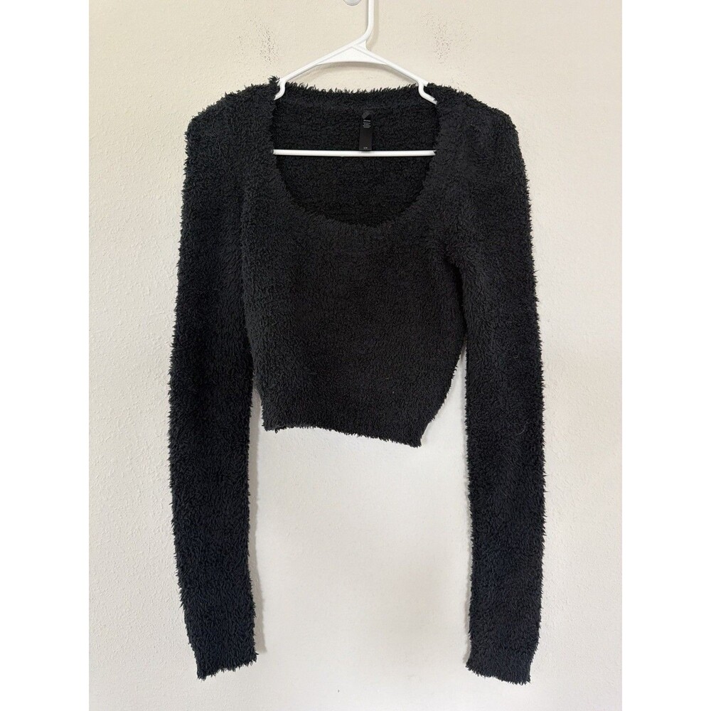 Skims Teddy Long Sleeve Cropped Top S/M Cozy Loungewear Preppy Minimalist Shirt